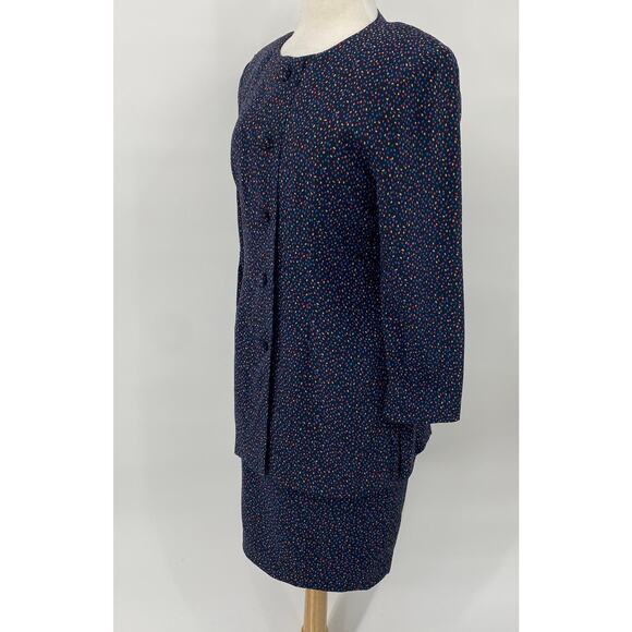 Vintage 80s Silk 2 Skirt Set 2 Piece Polka Dot Blouse/Jacket & Skirt Navy Blue 6 - Picture 6 of 12